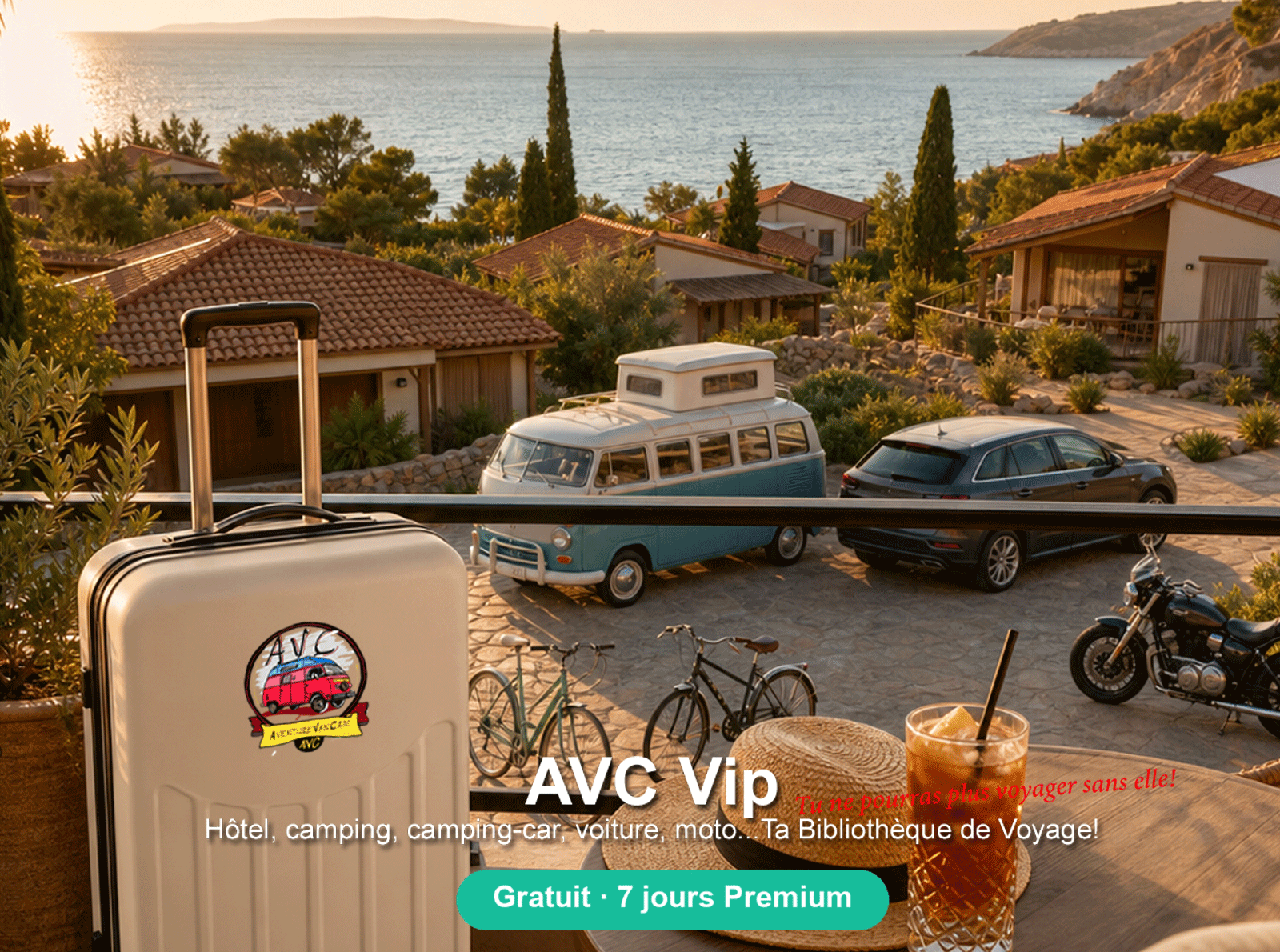AVC Vip — Ta bibliothèque de voyage : hôtel, camping, van, voiture et moto